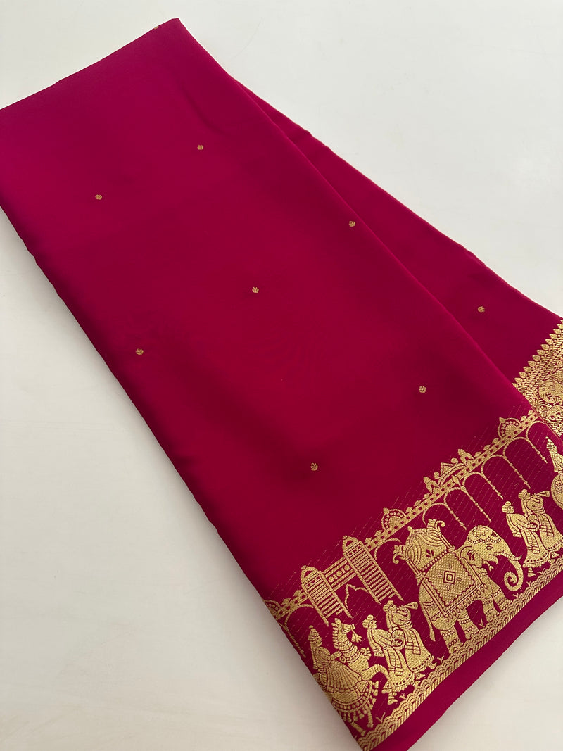 PURE 120GSM MYSORE CRAPE SILK SAREE IN PINK COMBINATION WITH GOLD ZARI BUTTIES AND FRESH NEW BORDER- JU2