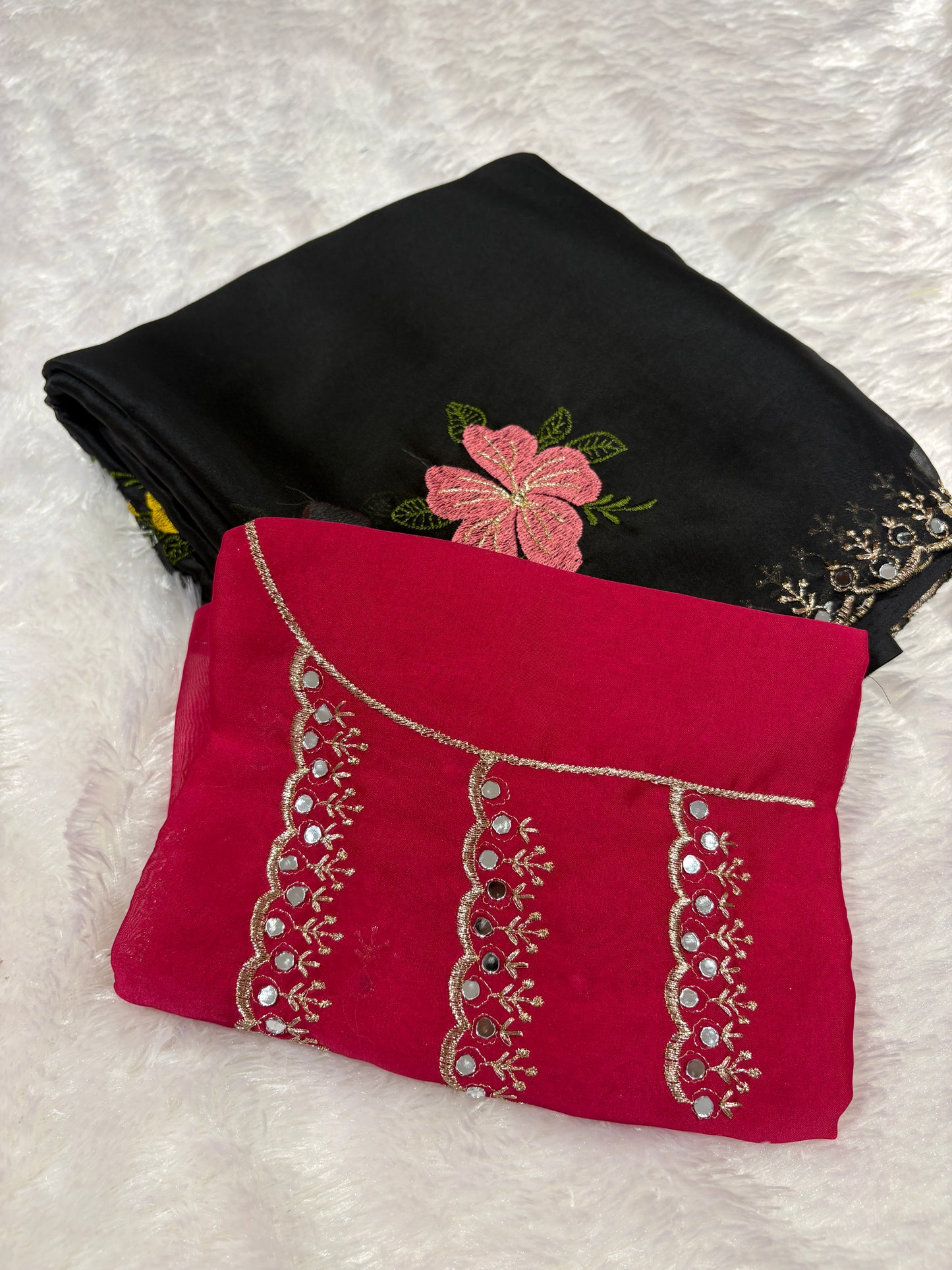 Black X Rani Pink Glass work organza sarees-1401