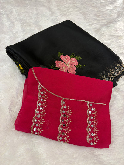 Black X Rani Pink Glass work organza sarees-1401