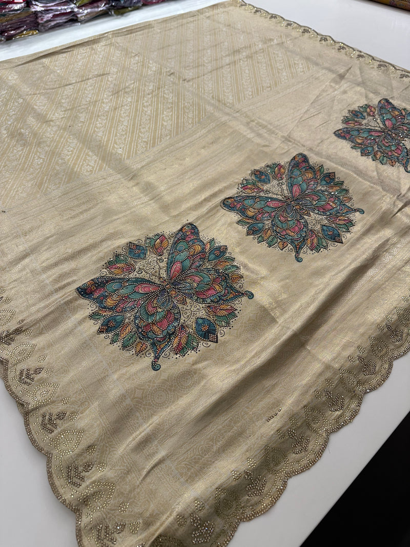 🌹Gold Banarsi Soft Tissue Silk Saree on Stone work Pallu and scallop border 🌹 JU27