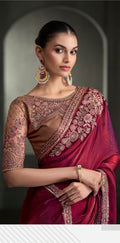 SW-1715 — WINE TISSUE SARTIN SILK SAREE & TUSSAR SILK WORK BLOUSE