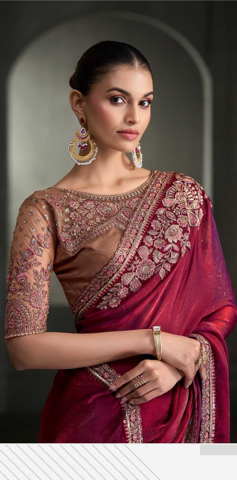 SW-1715 — WINE TISSUE SARTIN SILK SAREE & TUSSAR SILK WORK BLOUSE