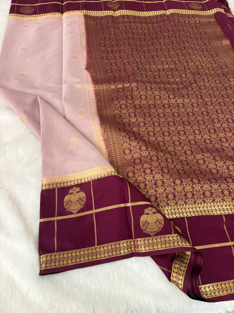 Semi Crepe Silk Saree - Light Pink x Brown (J29)