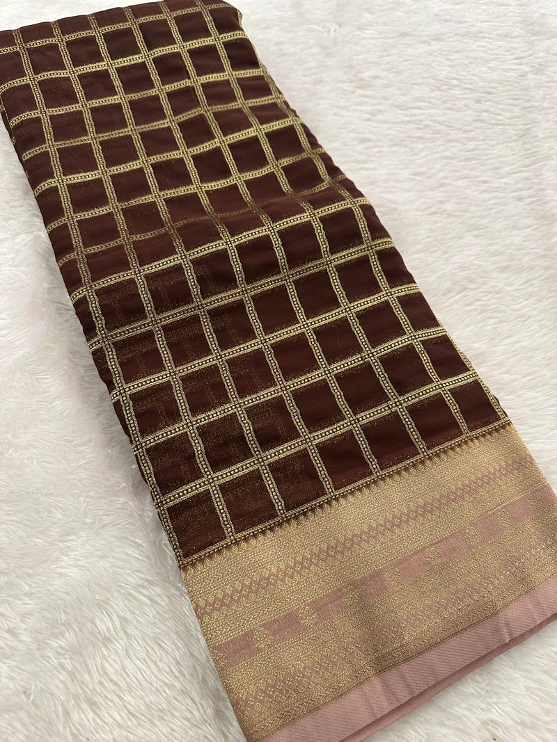 Premium Georgette Sarees In Checks Zari and Small Border with Contrast Blouse Piece 🌹-JU18