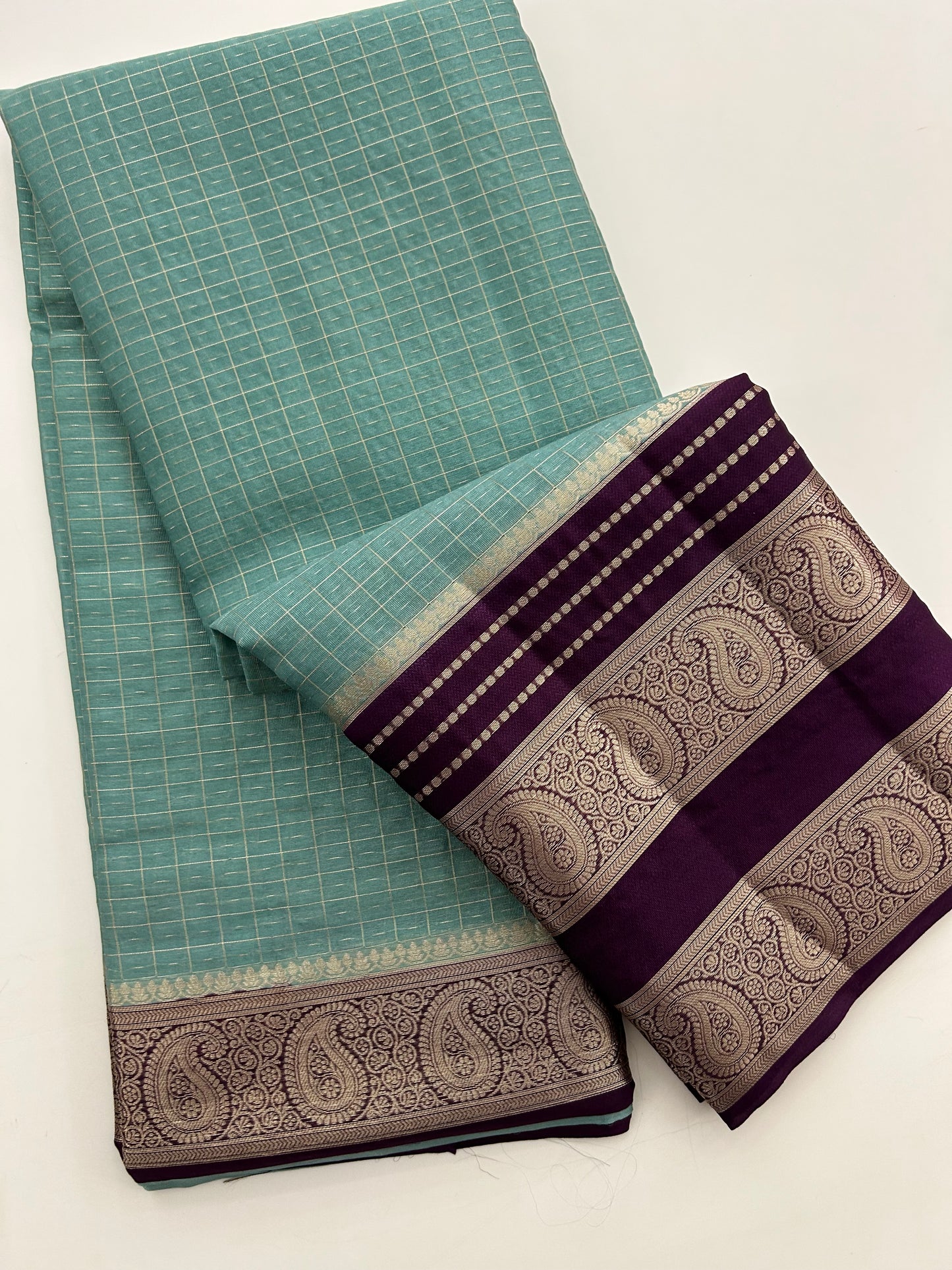 Designer pastel blue & purple combination soft cotton saree with bentex border-DC712