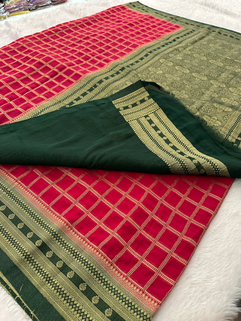 Premium Georgette Sarees In Checks Zari and Small Border with Contrast Blouse Piece 🌹-JU18