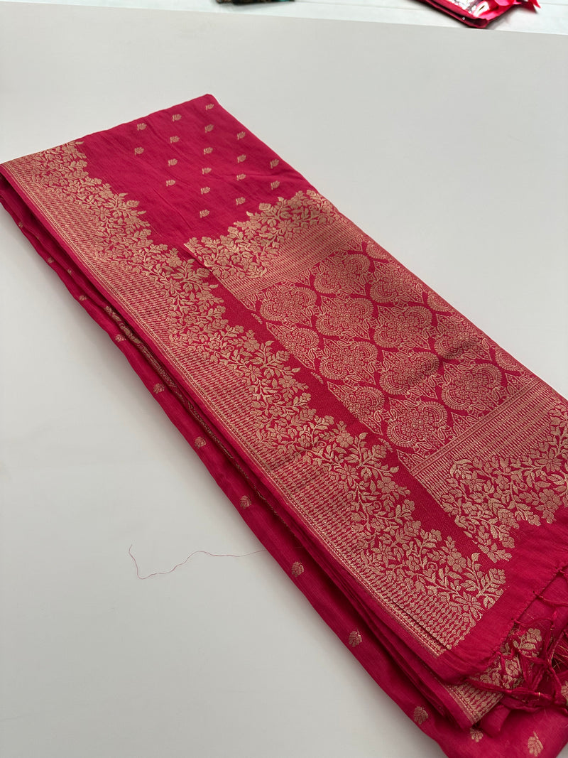 Venkatagiri fancy soft Linen Cotton sarees with self blouse and fancy Border and Butties all over 🌹-AU9