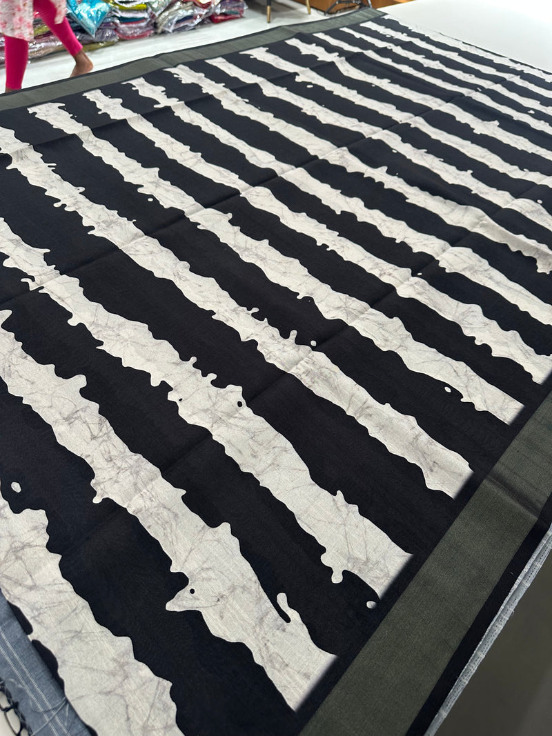 Black and White Tussar Printed Saree- JU28