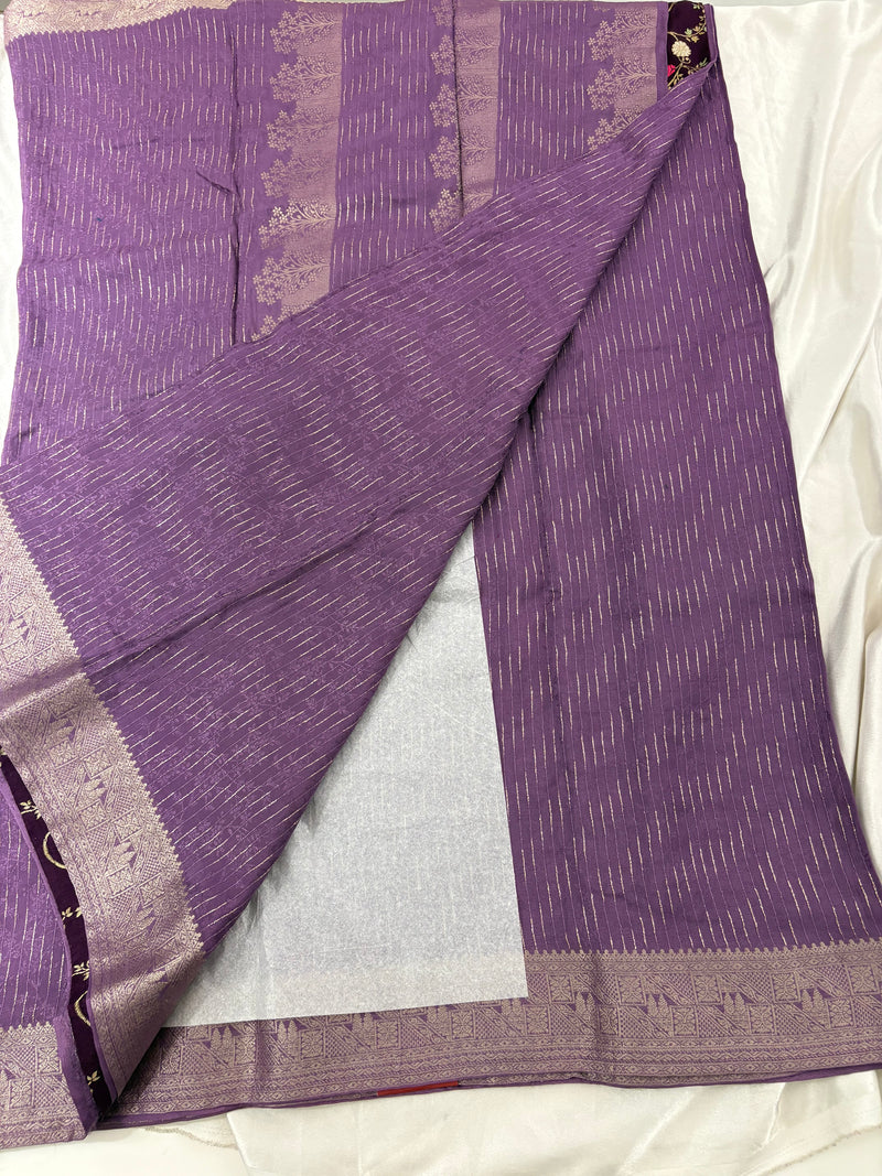 Lavender Viscose Silk Saree with Brown Floral Print Blouse SALE