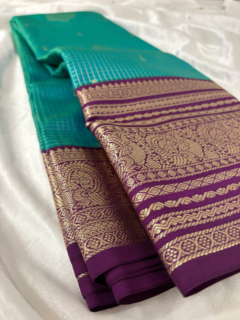 JU18 - Rama Green X Purple Checks Semi Silk Saree