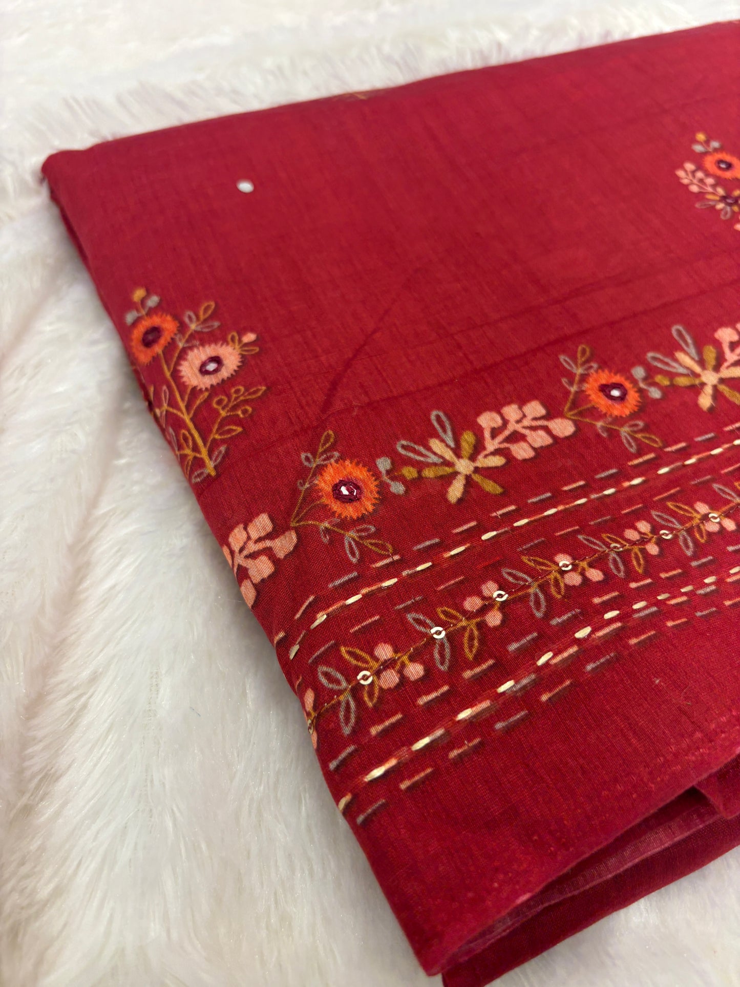 Rust Floral Embroidery Mul Cotton Saree-M101