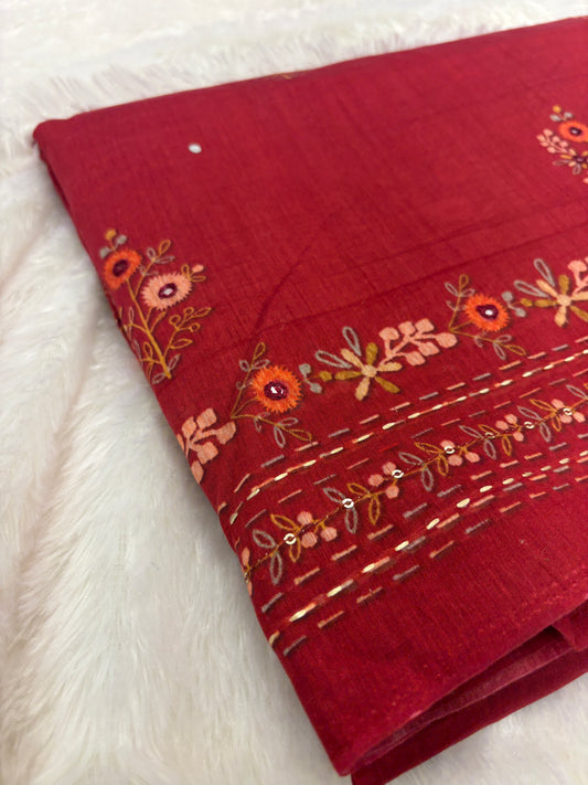 Rust Floral Embroidery Mul Cotton Saree-M101