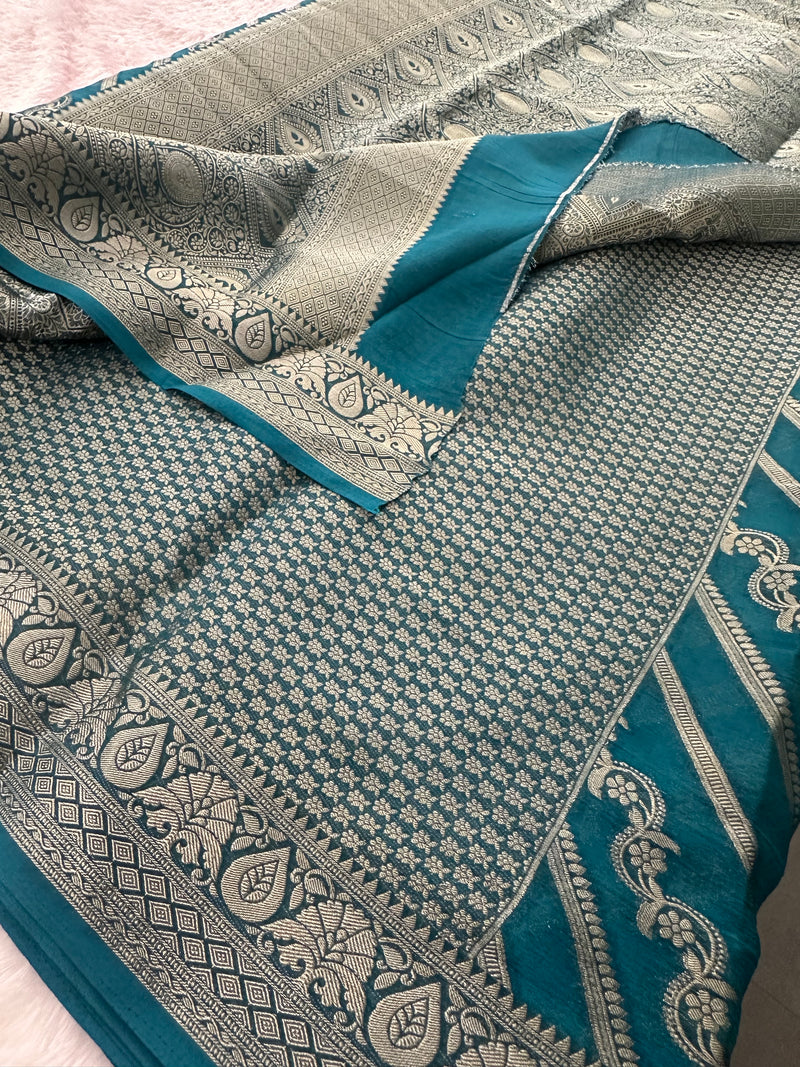 Premium Laser Chiffon Saree – Peacock Blue AU26