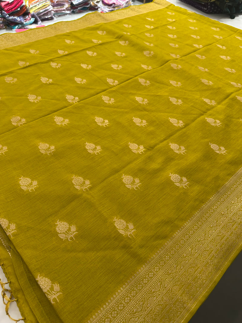 Venkatagiri fancy soft Linen Cotton sarees with self blouse and fancy Border and Butties all over🌹 - AU12