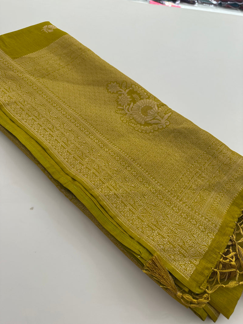 Venkatagiri fancy soft Linen Cotton sarees with self blouse and fancy Border and Butties all over🌹 - AU12