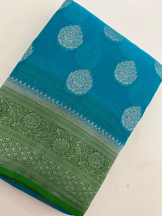 912 ✨ BLUE X GREEN PURE GEORGETTE SAREE✨✨