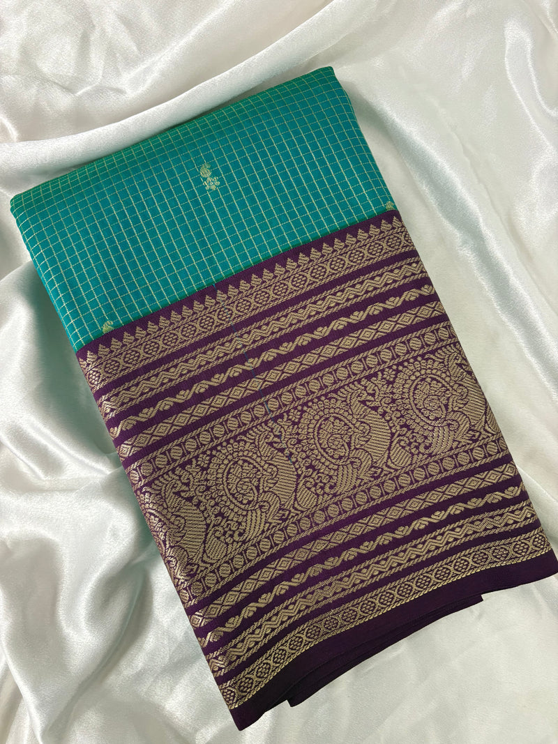 JU18 - Rama Green X Purple Checks Semi Silk Saree