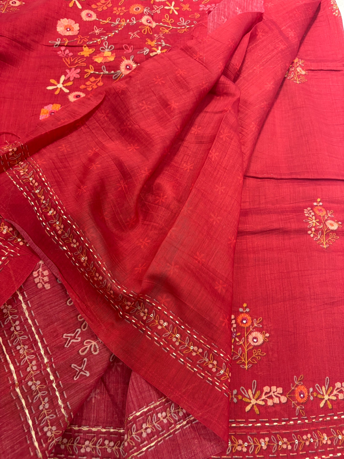 Rust Floral Embroidery Mul Cotton Saree-M101