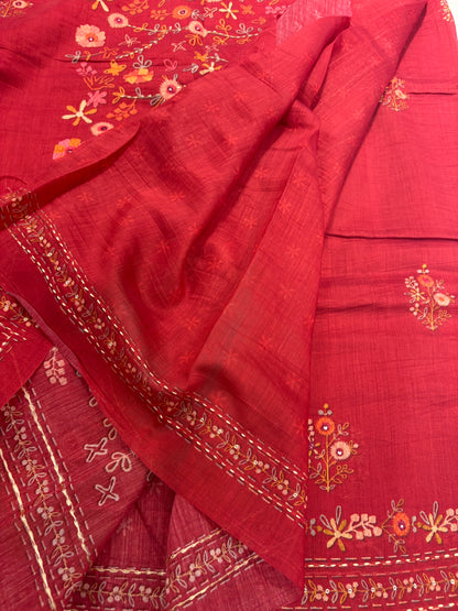 Rust Floral Embroidery Mul Cotton Saree-M101