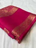 Rani Pink Premium Mysore Silk Saree with Kalamkari Floral Brocade AU10