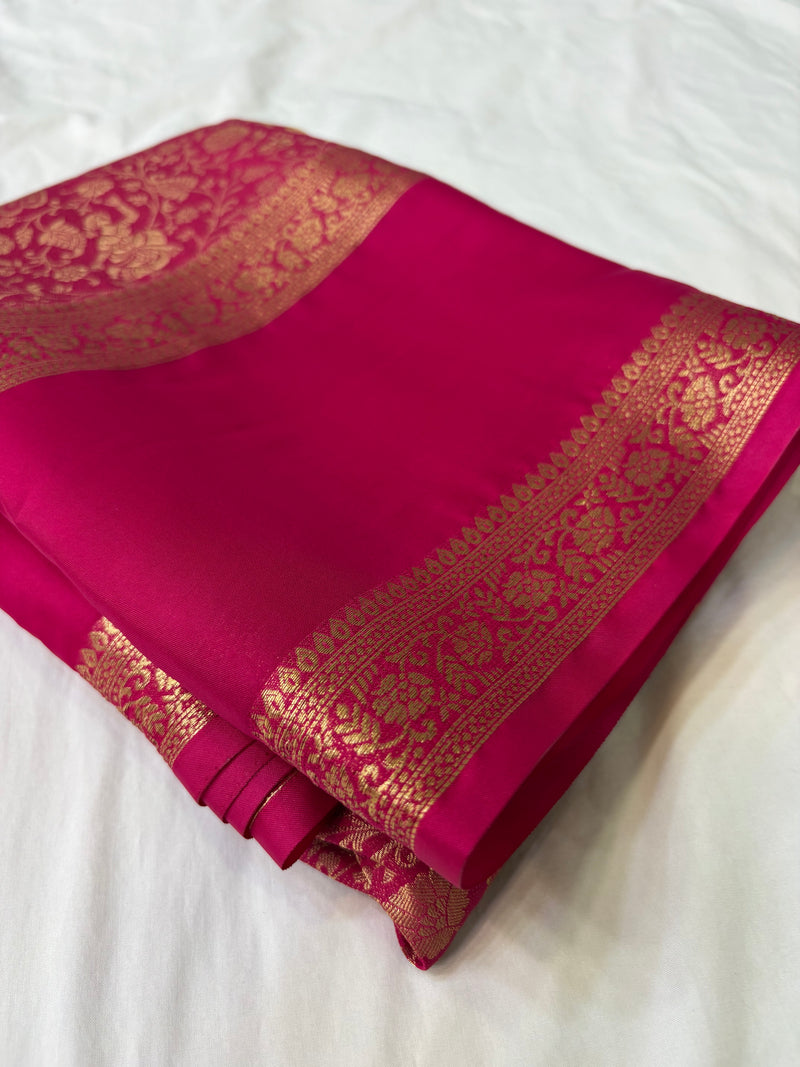 Rani Pink Premium Mysore Silk Saree with Kalamkari Floral Brocade AU10