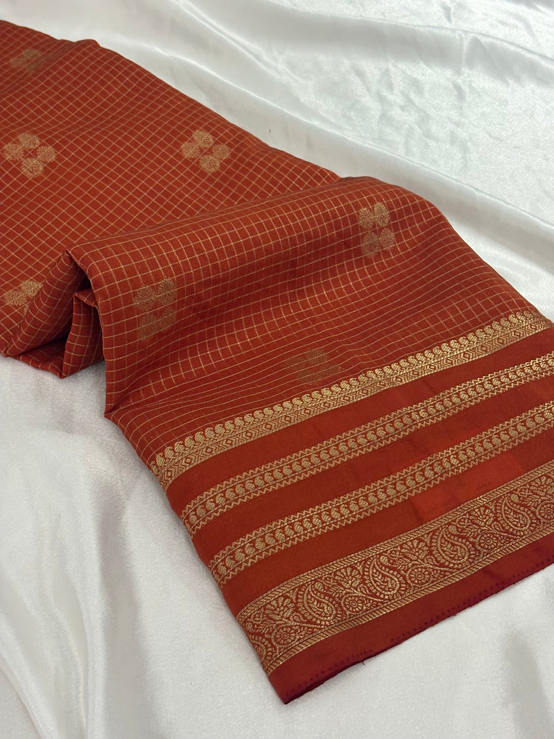Rust Semi Mysore Silk Checks Saree with Butta - AU13