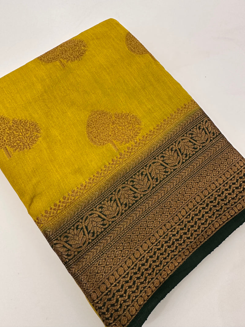 Lemon Yellow x Green Tussar Cotton Saree with Double Leaf Butta All Over JU24