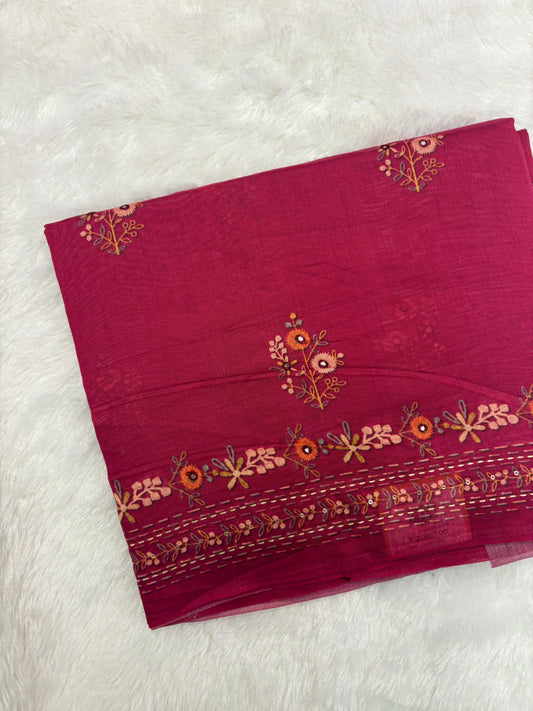 Pink Floral Embroidery Mul Cotton Saree-M101