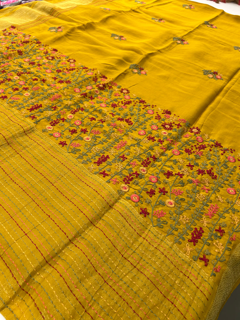 Katha And Jari Border Embroidery Sarees,, Fabric-Crepe Tussar,, Katha Style Blouse Piece🌹-JU30