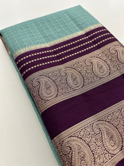 Designer pastel blue & purple combination soft cotton saree with bentex border-DC712