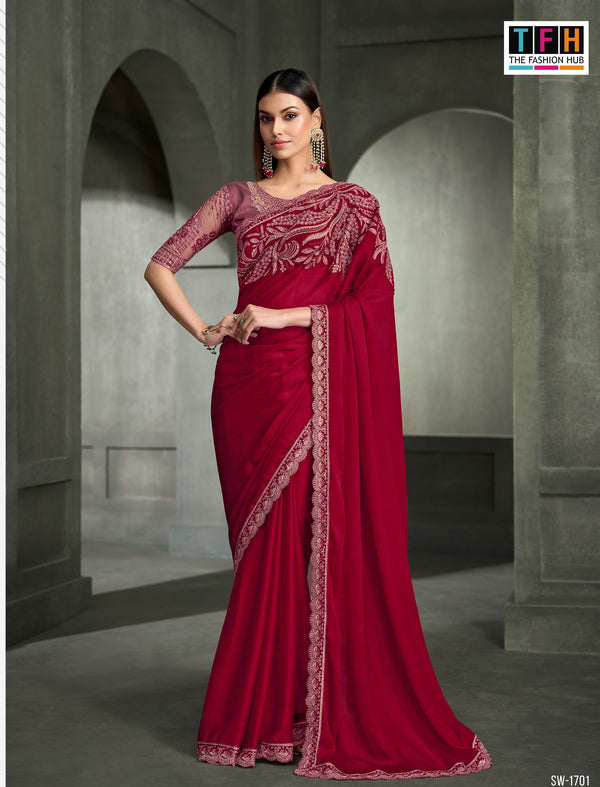 SW-1715 — WINE TISSUE SARTIN SILK SAREE & TUSSAR SILK WORK BLOUSE