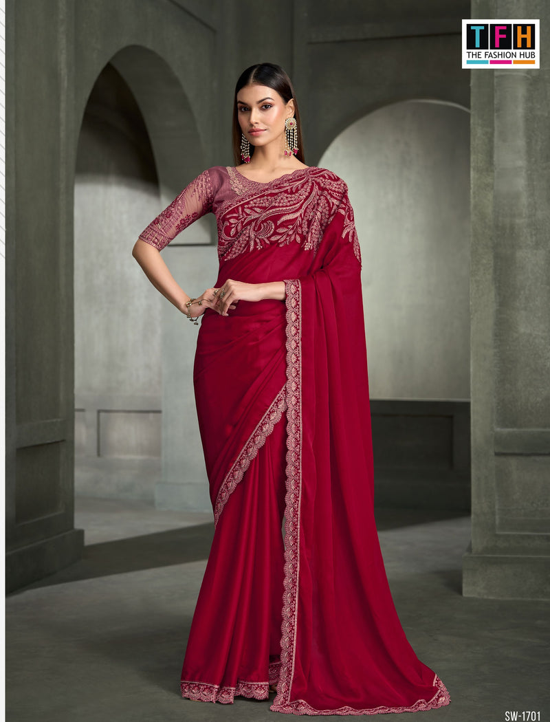SW-1715 — WINE TISSUE SARTIN SILK SAREE & TUSSAR SILK WORK BLOUSE
