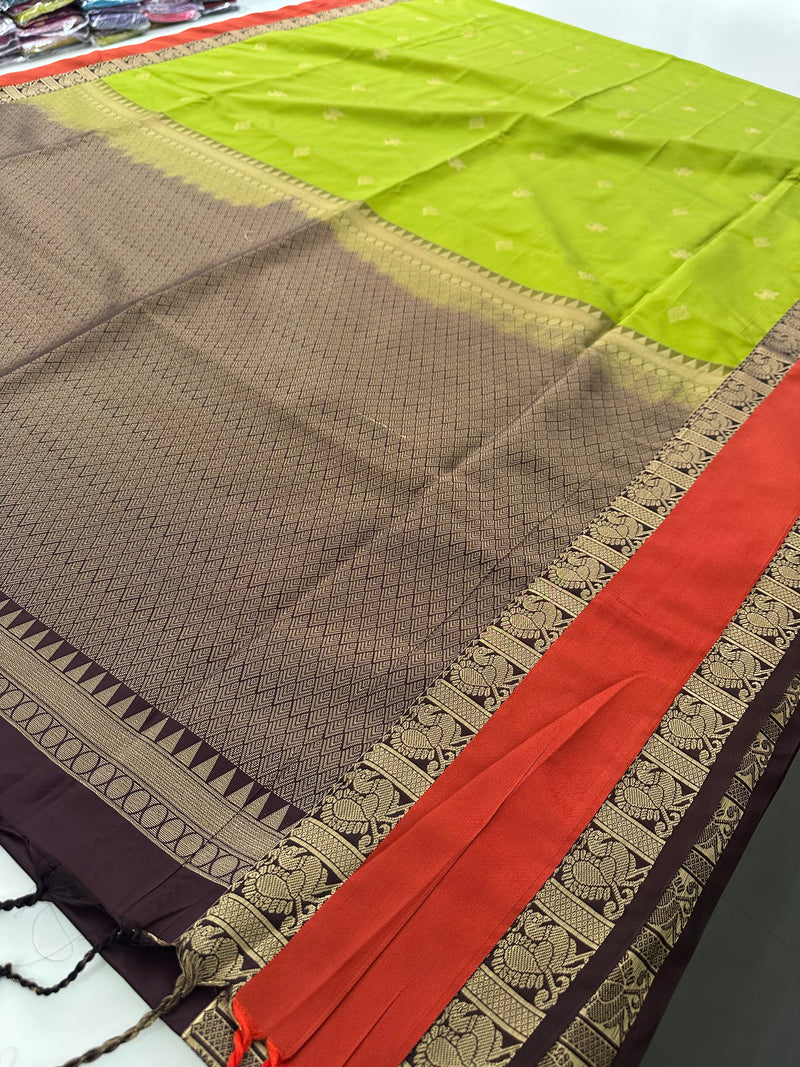 🌹4 shades of semi kanchi soft silk sarees in beautiful combinations in contrast blouse🌹