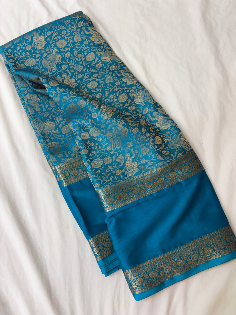 Sapphire Blue Premium Mysore Silk Saree with Kalamkari Floral Brocade AU10