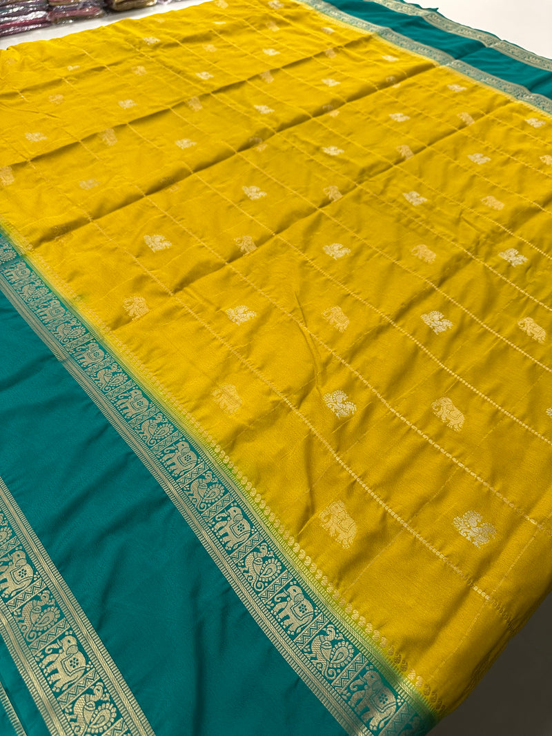 Premium Semi Mysore Silk sarees with silver and gold weavings and contrast blouse piece🌹-AU9