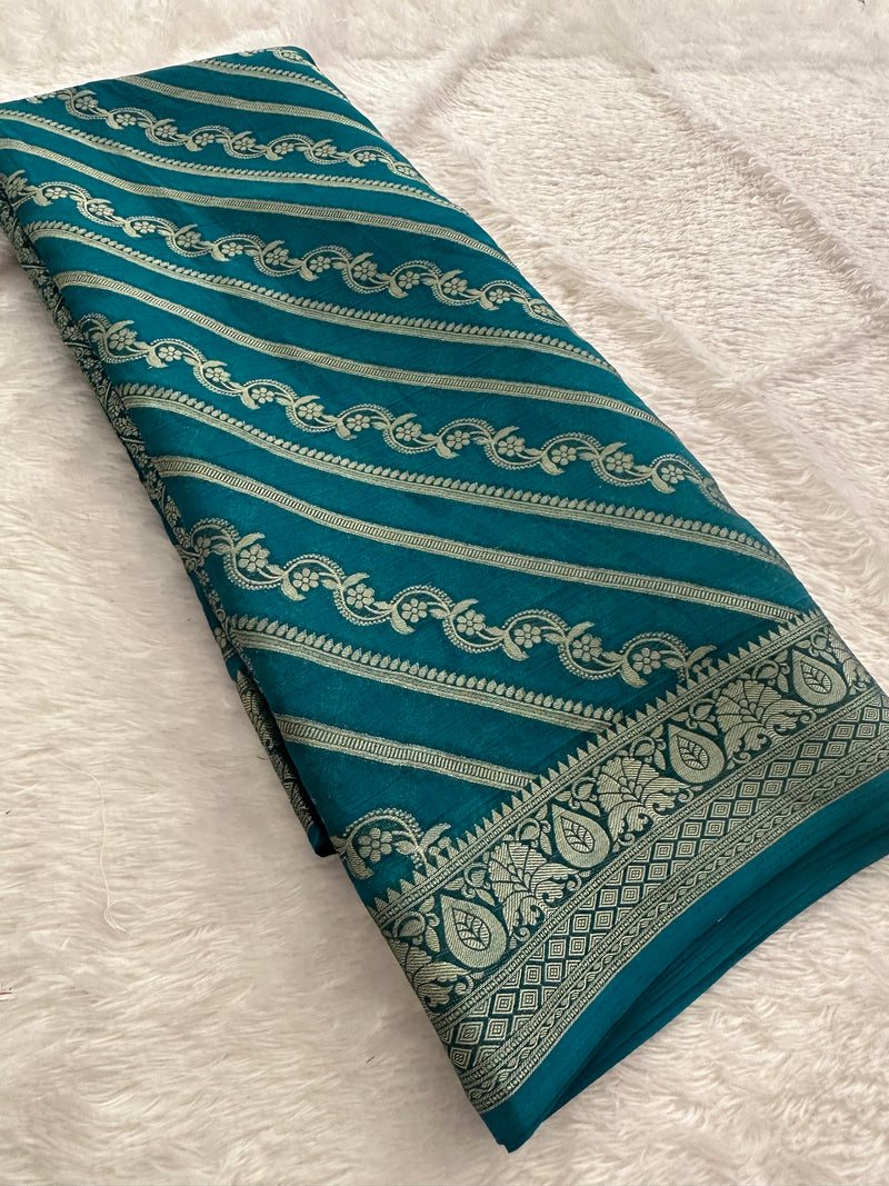 Premium Laser Chiffon Saree – Peacock Blue AU26