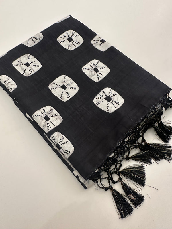 Black and White Tussar Printed Saree- JU29