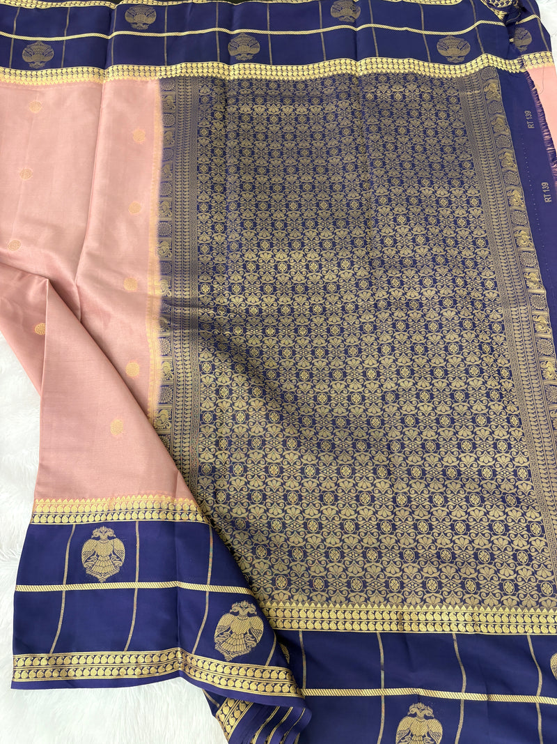Semi Crepe Silk Saree - Light Pink x Navy Blue (J29)