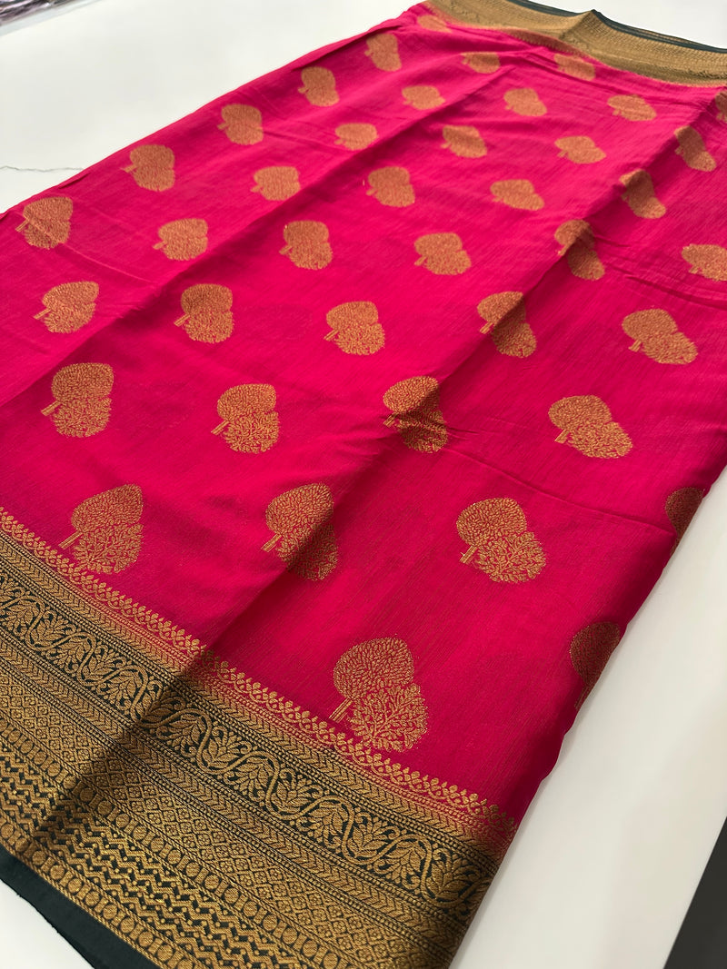 Rani Pink x Green Tussar Cotton Saree with Double Leaf Butta All Over JU24