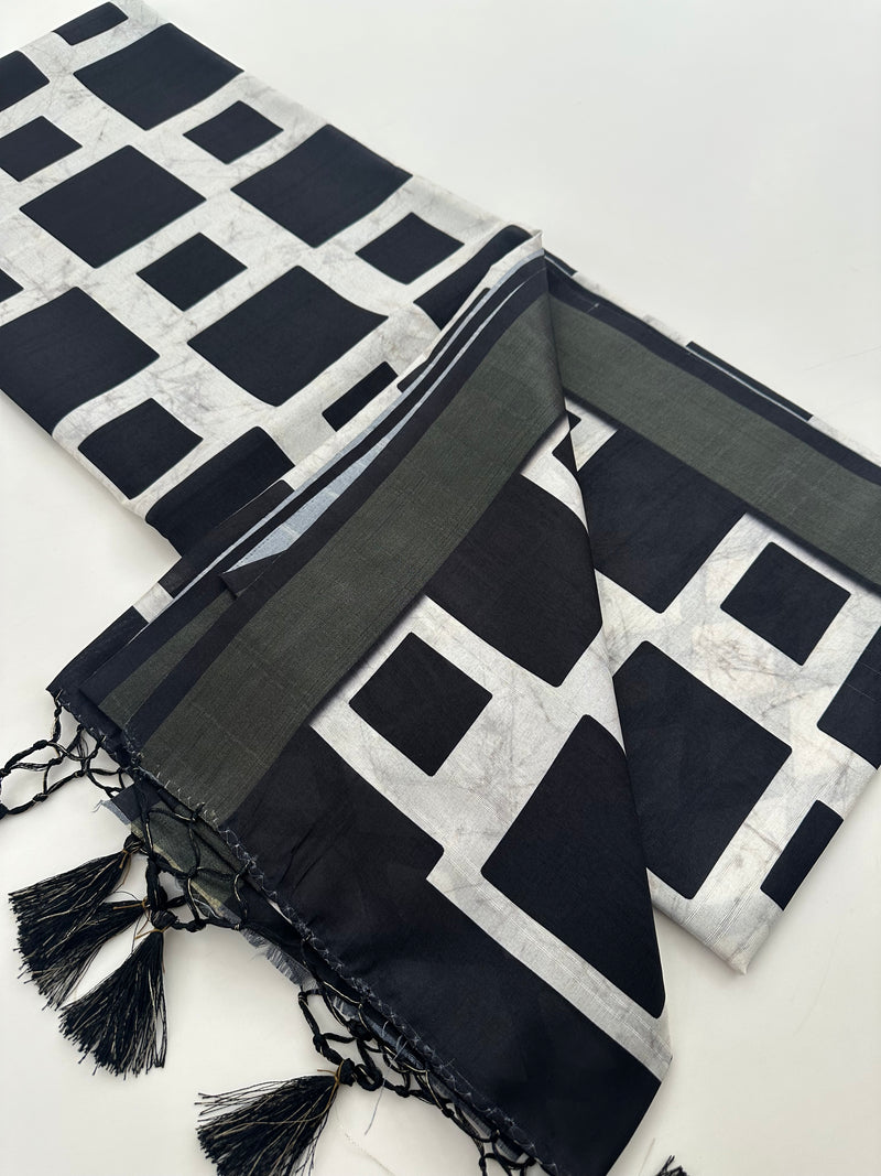 Black and White Tussar Printed Saree- JU28
