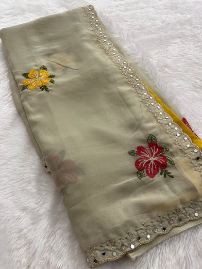 Chiffon Embroidery Buttas with Mirror pallu-M2