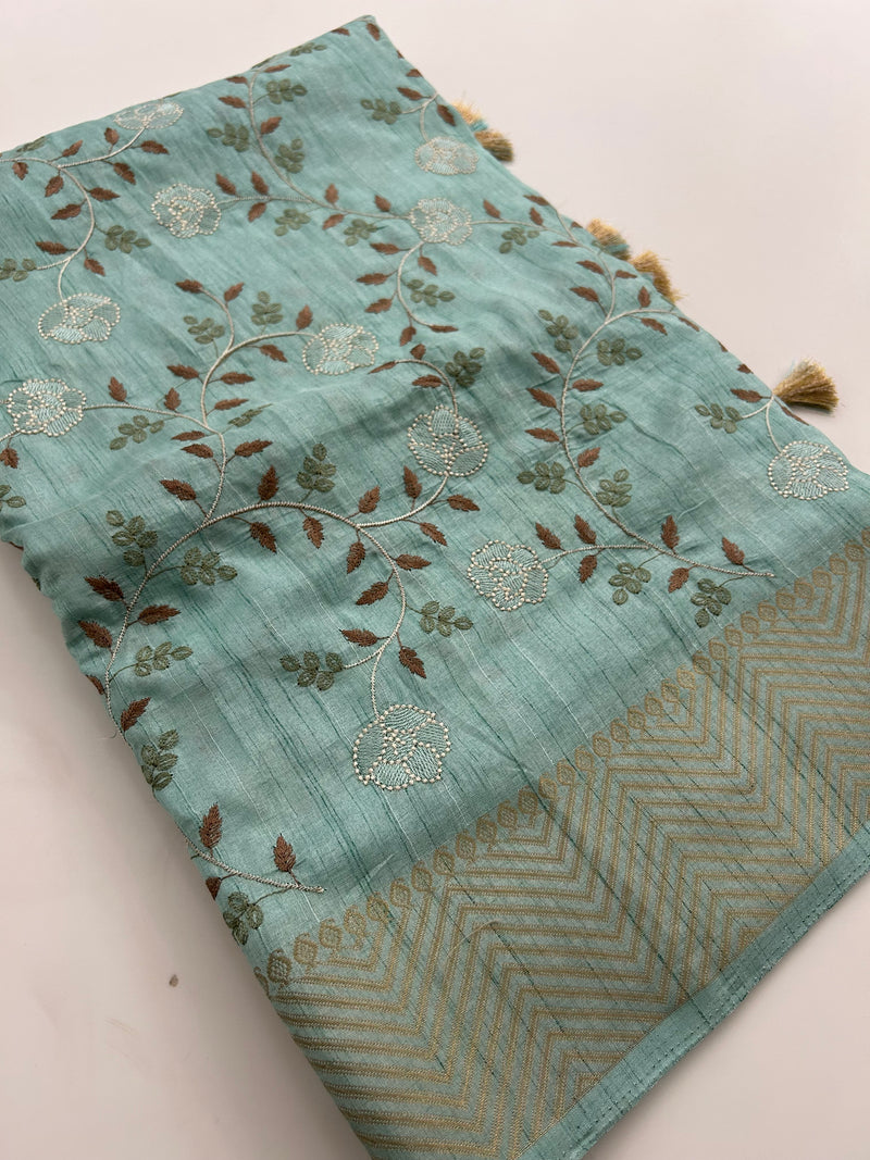 🌹Tussar Silk Sarees in Full Embroidery Work With Self Pattern Blouse 🌹
JU23