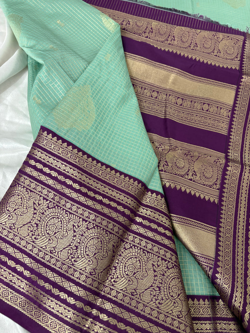 JU18 - Pista X Purple Checks Semi Silk Saree