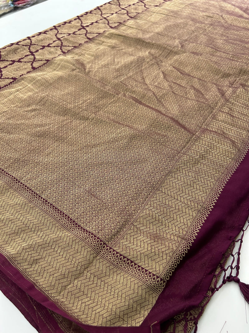 Rich Fancy Georgette Viscose Saree in Pastels and a Dark Shade♥️
Comes with Brocade buttas and butti self blouse ♥️ JU21