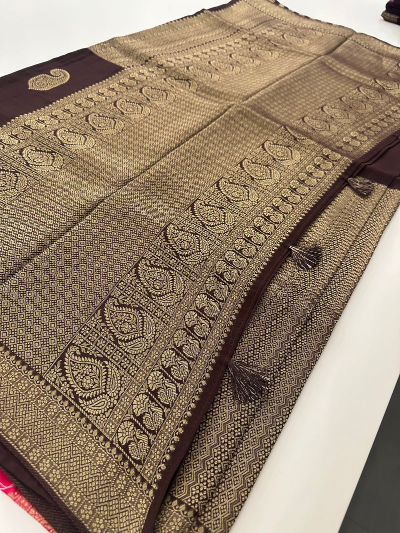 Brown x Pink Tussar Designer Saree with Mango Butta All Over JU24
