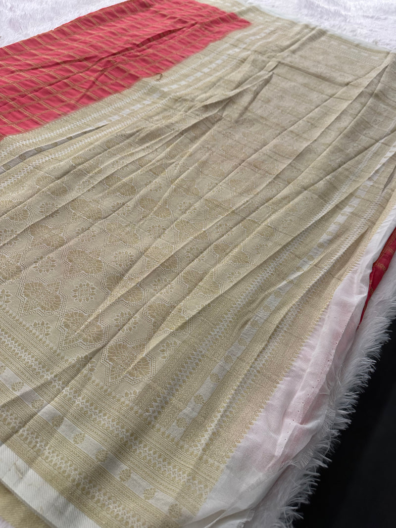Premium Georgette Sarees In Checks Zari and Small Border with Contrast Blouse Piece 🌹-JU18