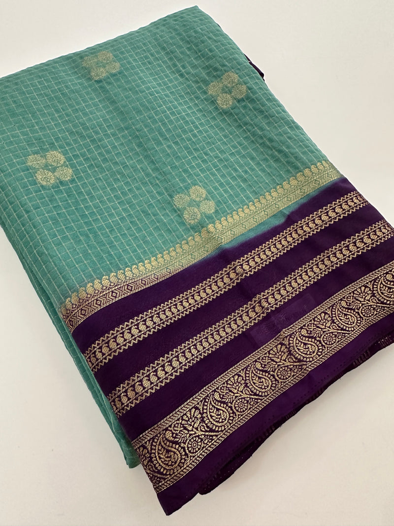 Semi Mysore Silk Checks Saree with Butta-AU16