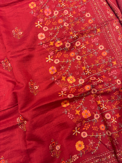 Rust Floral Embroidery Mul Cotton Saree-M101