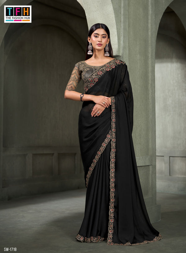 SW-1718 — JET BLACK CHIFFON SAREE & BANGLORE WORK BLOUSE