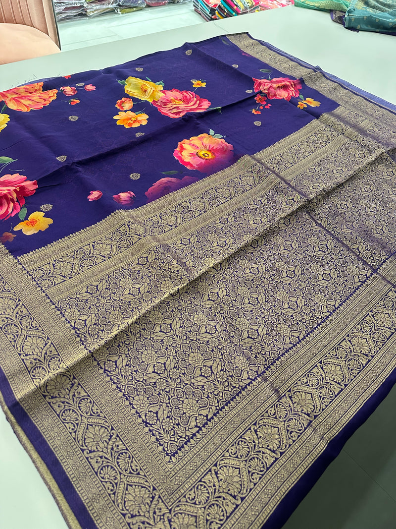 Digital Printed Premium Viscose Sarees In Big Floral Prints and Plain Self Blouse with Gold Weaving Border and and Rich Weaving Pallu🌹JU27
